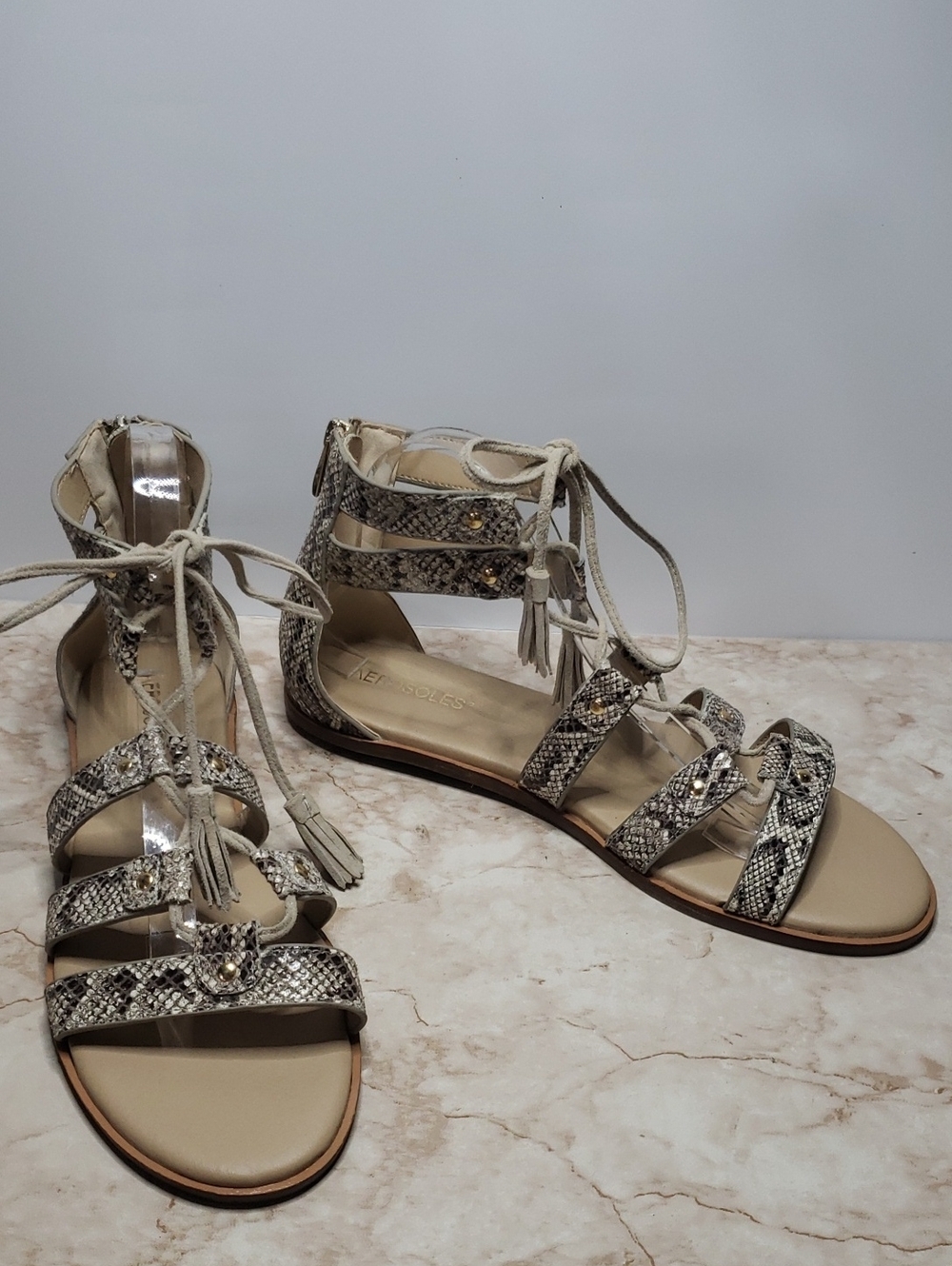 Aerosoles Women's Snake-Print Lace-Up Gladiator Sandals - Beige Size 11